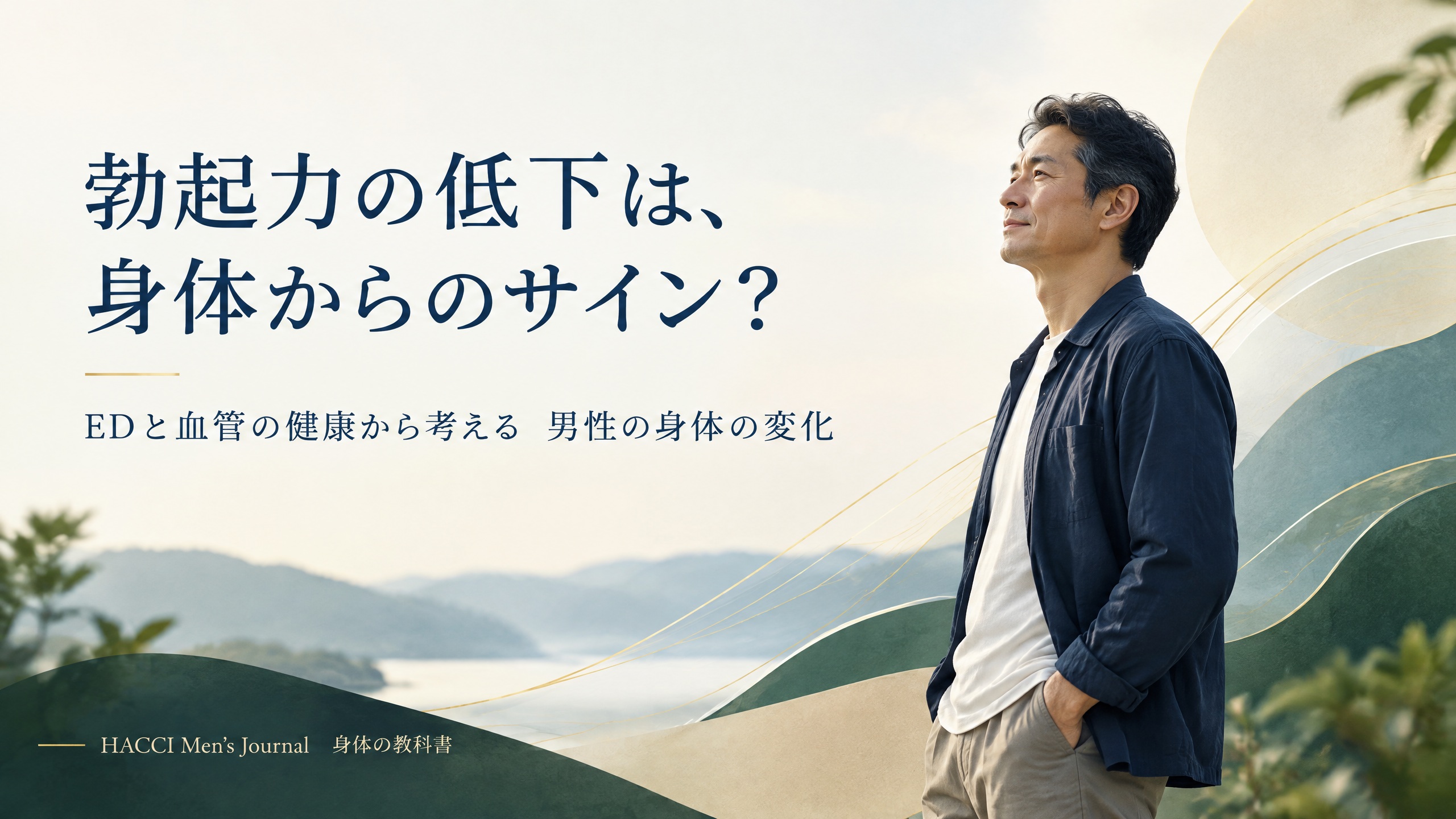 ネイビー、ベージュ、深いグリーンの抽象的な曲線と立つ男性を配した、EDと血管の健康から考える男性の身体の変化についてのHACCI Men’s Journalアイキャッチ画像